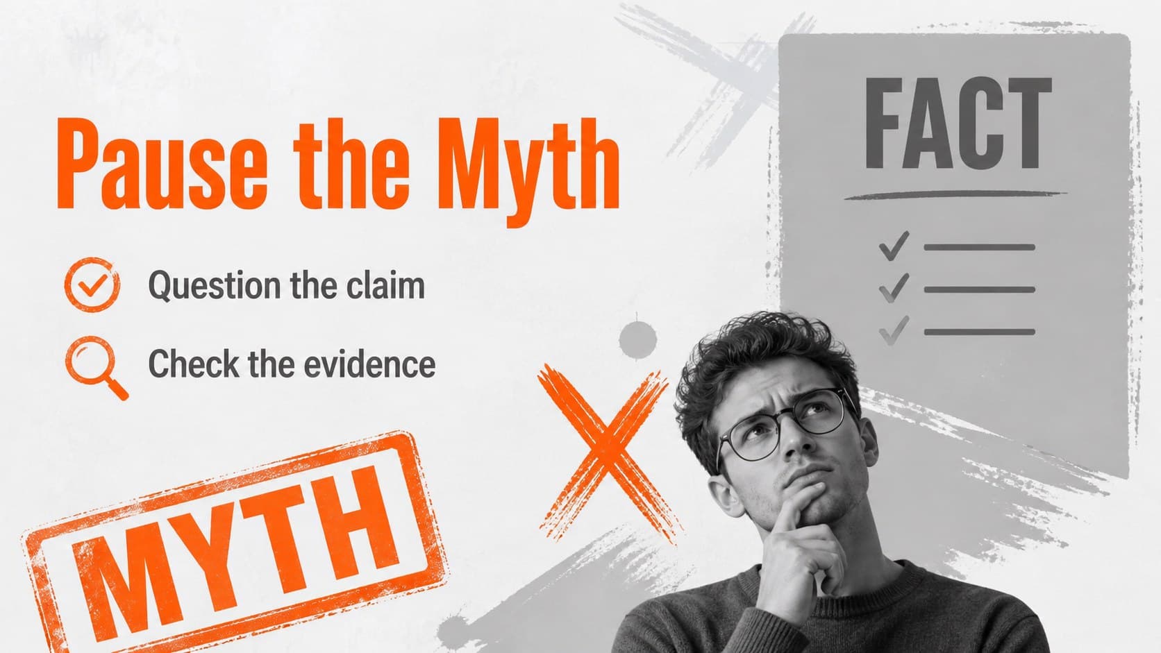 Myth and fact slide for a school drug prevention lesson with grey paper and orange highlight accents.