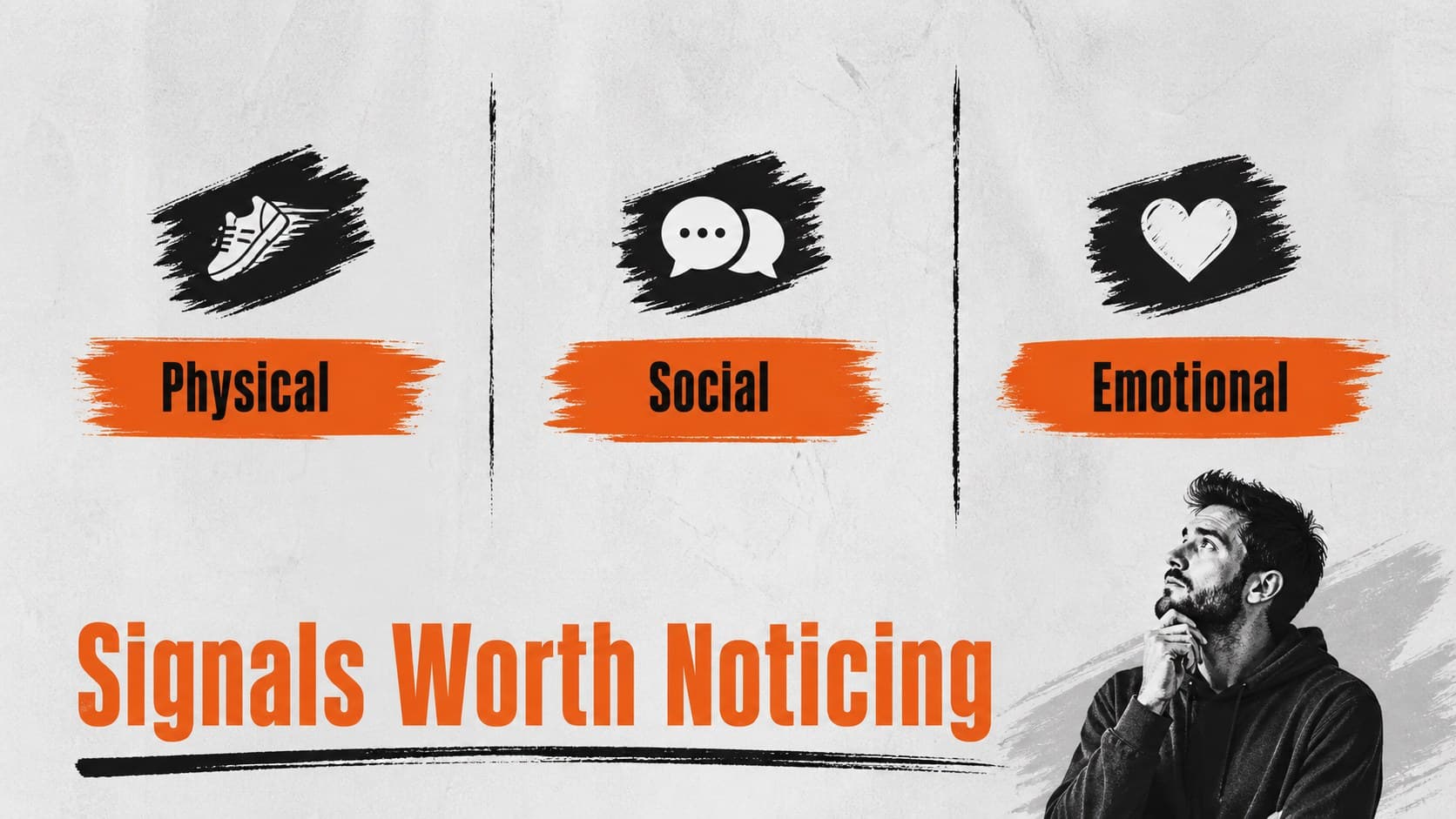 Warning signs slide organizing physical, social, and emotional signals for health education.