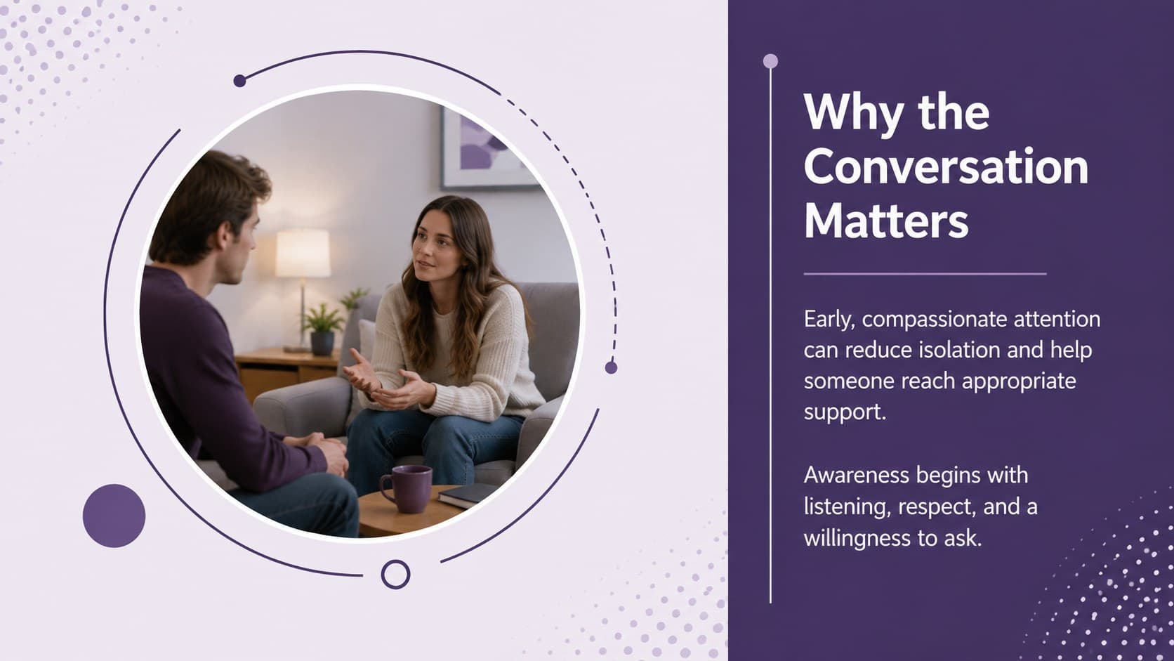 Suicide awareness presentation slide explaining why early, compassionate conversations matter.