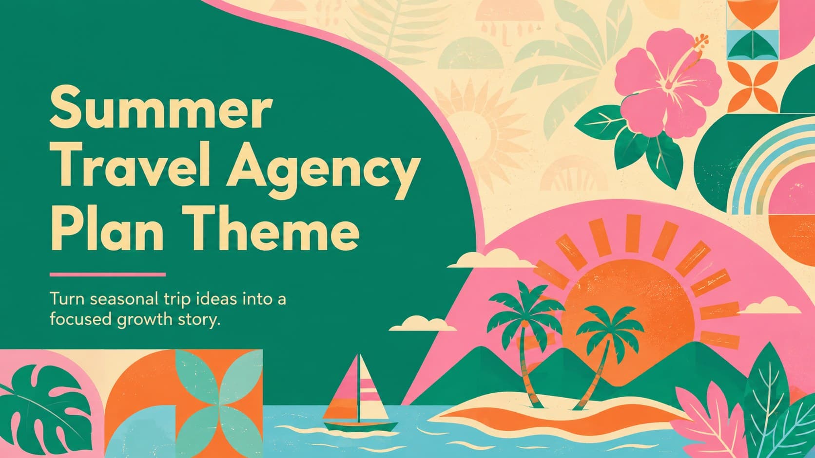 Cover for a Summer Travel Agency Plan Theme with colorful tropical graphics and a concise strategy subtitle.