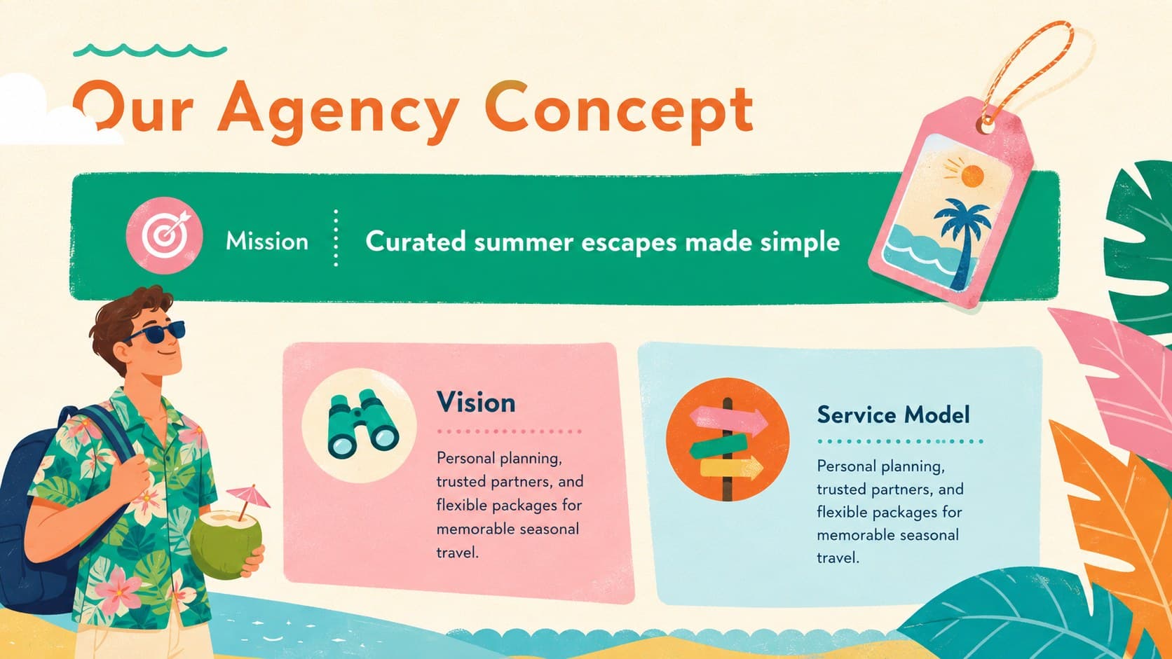 Travel agency company concept slide outlining a mission, vision, and seasonal service model.
