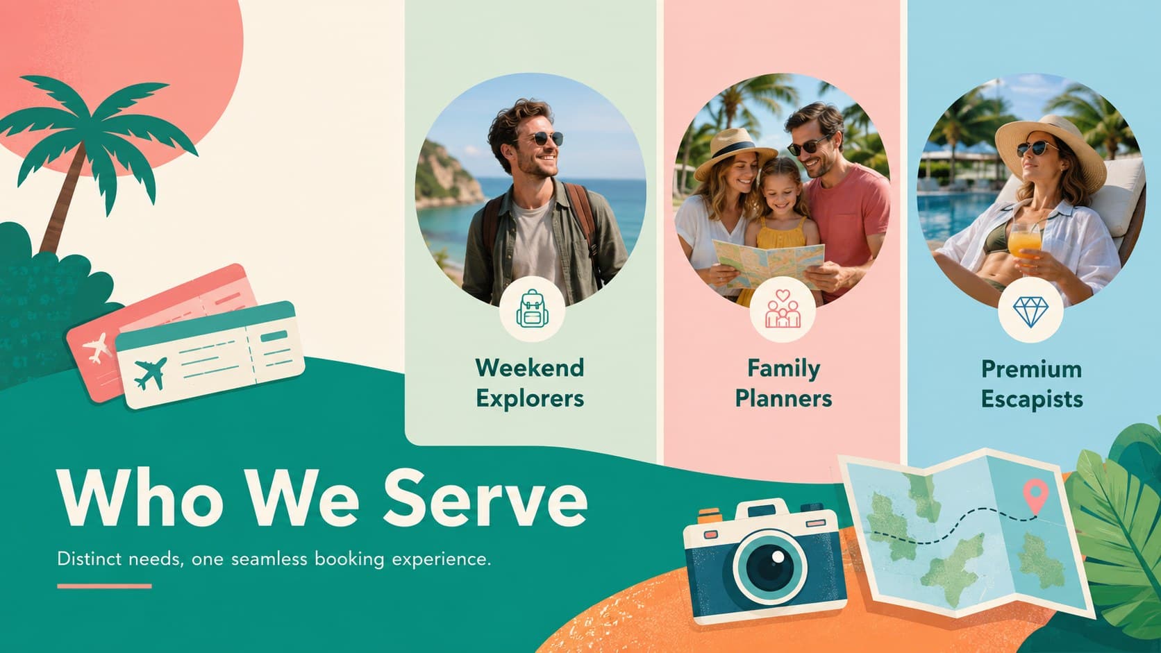 Traveler profile slide comparing customer segments for a tropical tour company pitch deck.
