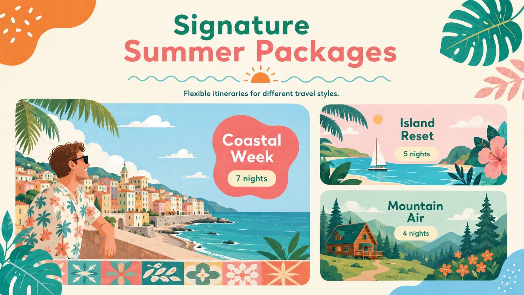 Seasonal holiday package presentation displaying three customizable vacation offers.