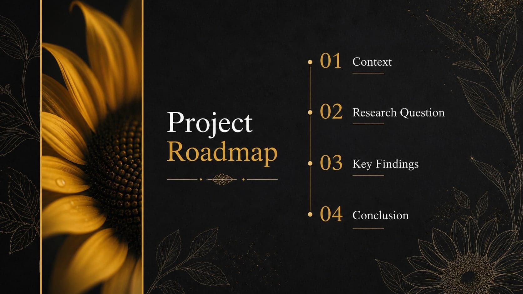 Elegant floral academic presentation agenda with four clearly organized project sections.
