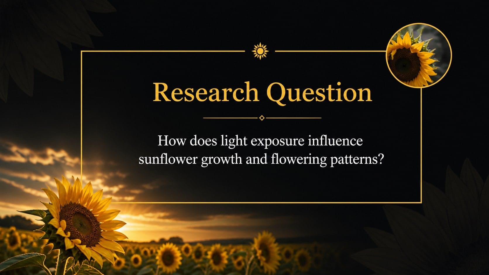Sunflower themed class report slide introducing a concise research question and study focus.
