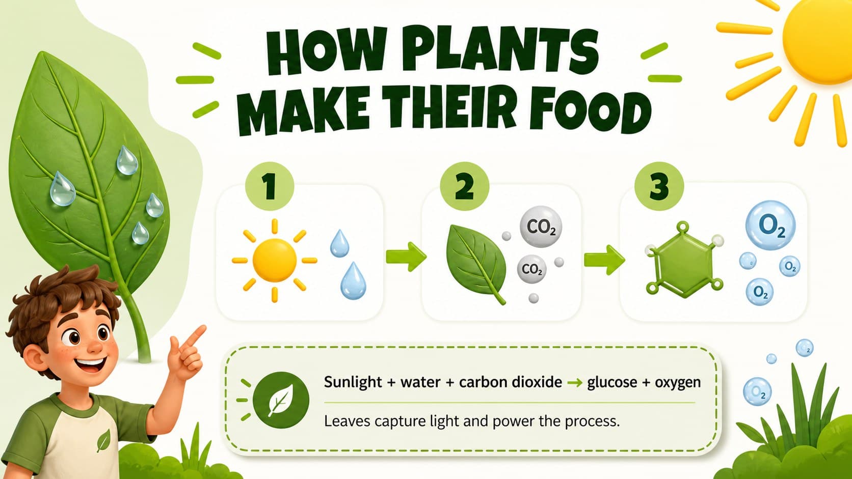 Editable biology slide showing the sunlight, water, and carbon dioxide stages of a plant energy cycle classroom presentation.
