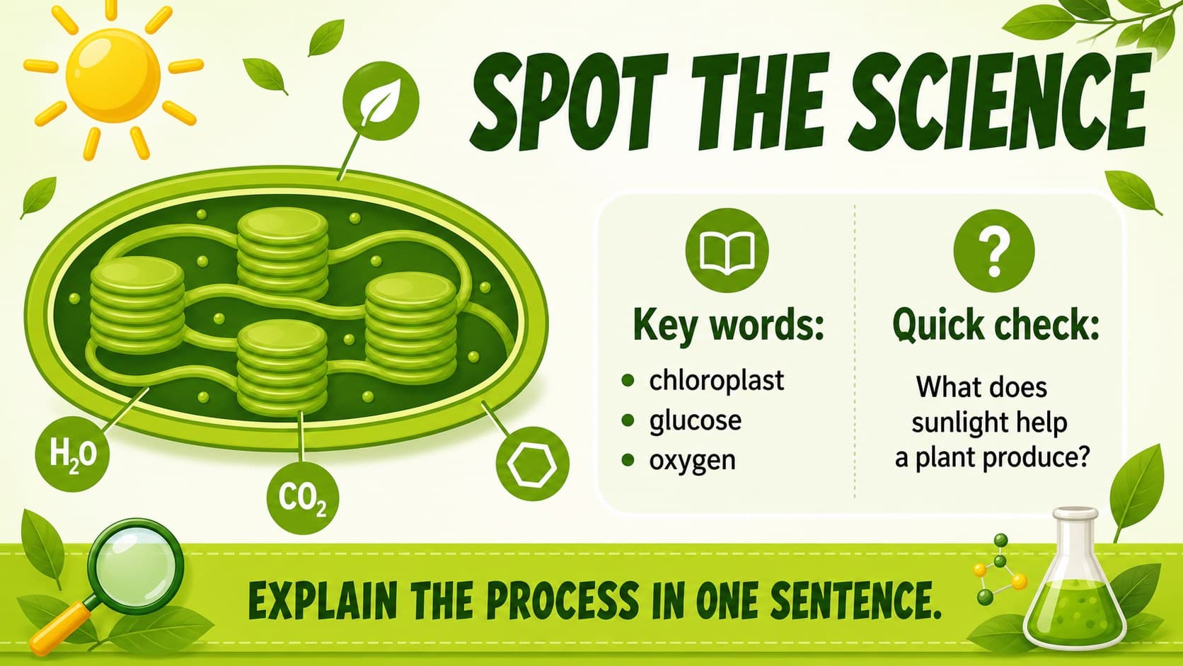Kid-friendly science review slide featuring a chloroplast diagram teaching slide and photosynthesis vocabulary prompts.