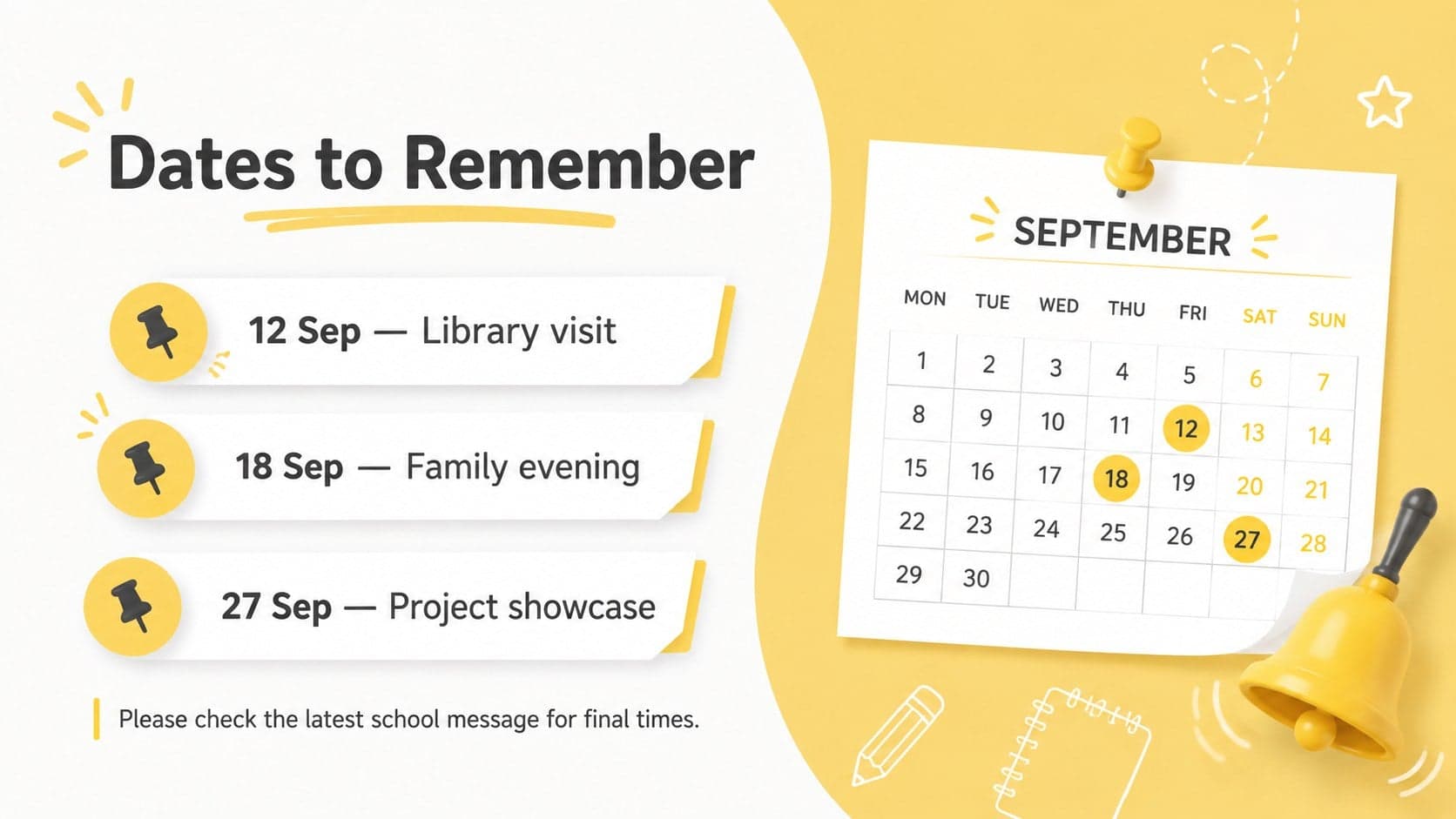Important dates page for a school family newsletter presentation featuring event cards and a compact calendar.