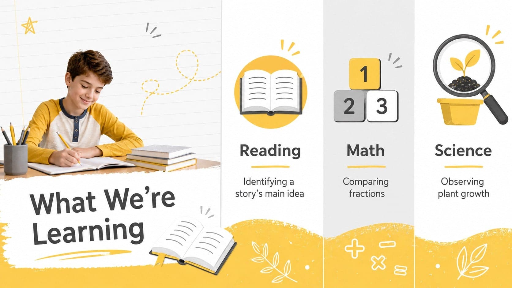 Learning highlights slide with three subject summaries for an elementary classroom news slideshow.