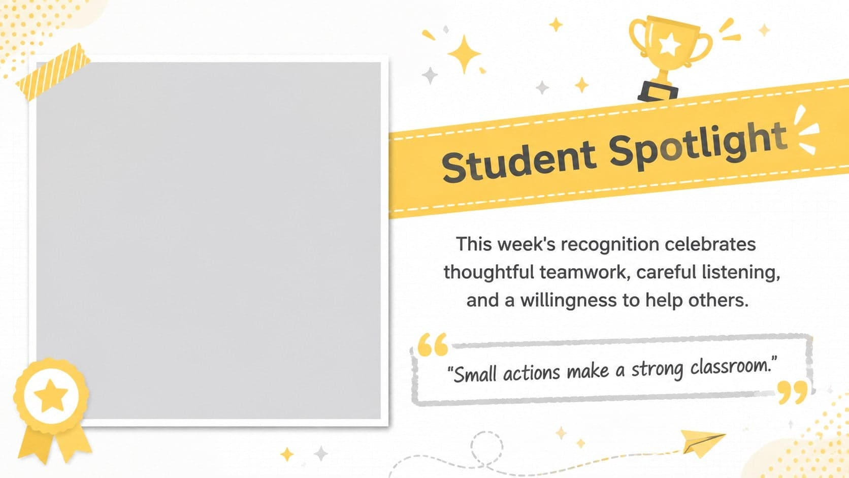 Student spotlight layout in a yellow teacher bulletin template with a photo area and achievement summary.