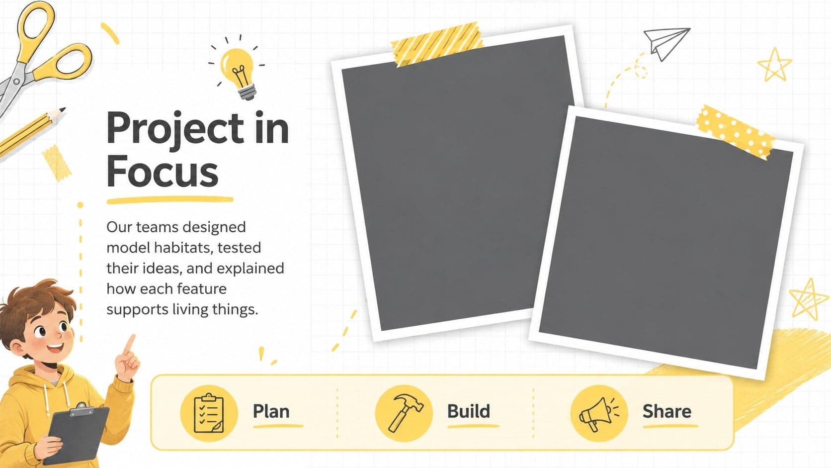 Class project recap slide with photo frames and concise learning outcomes in a yellow and grey education theme.