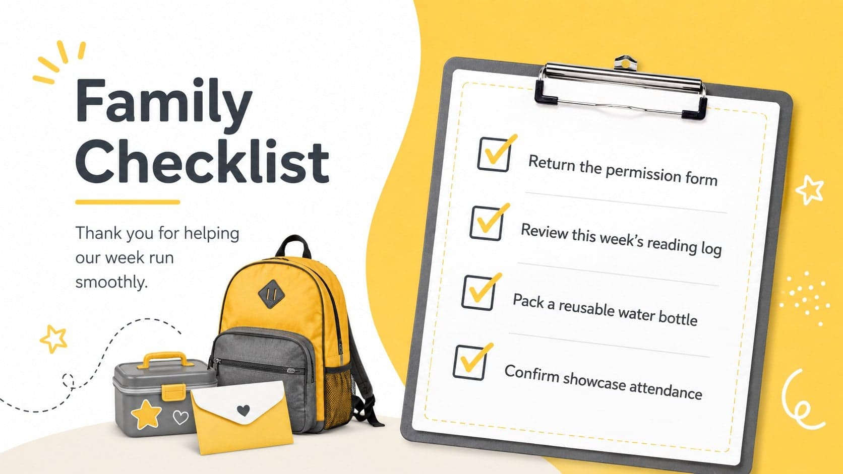 Family action items slide listing practical reminders in an editable school announcement deck.