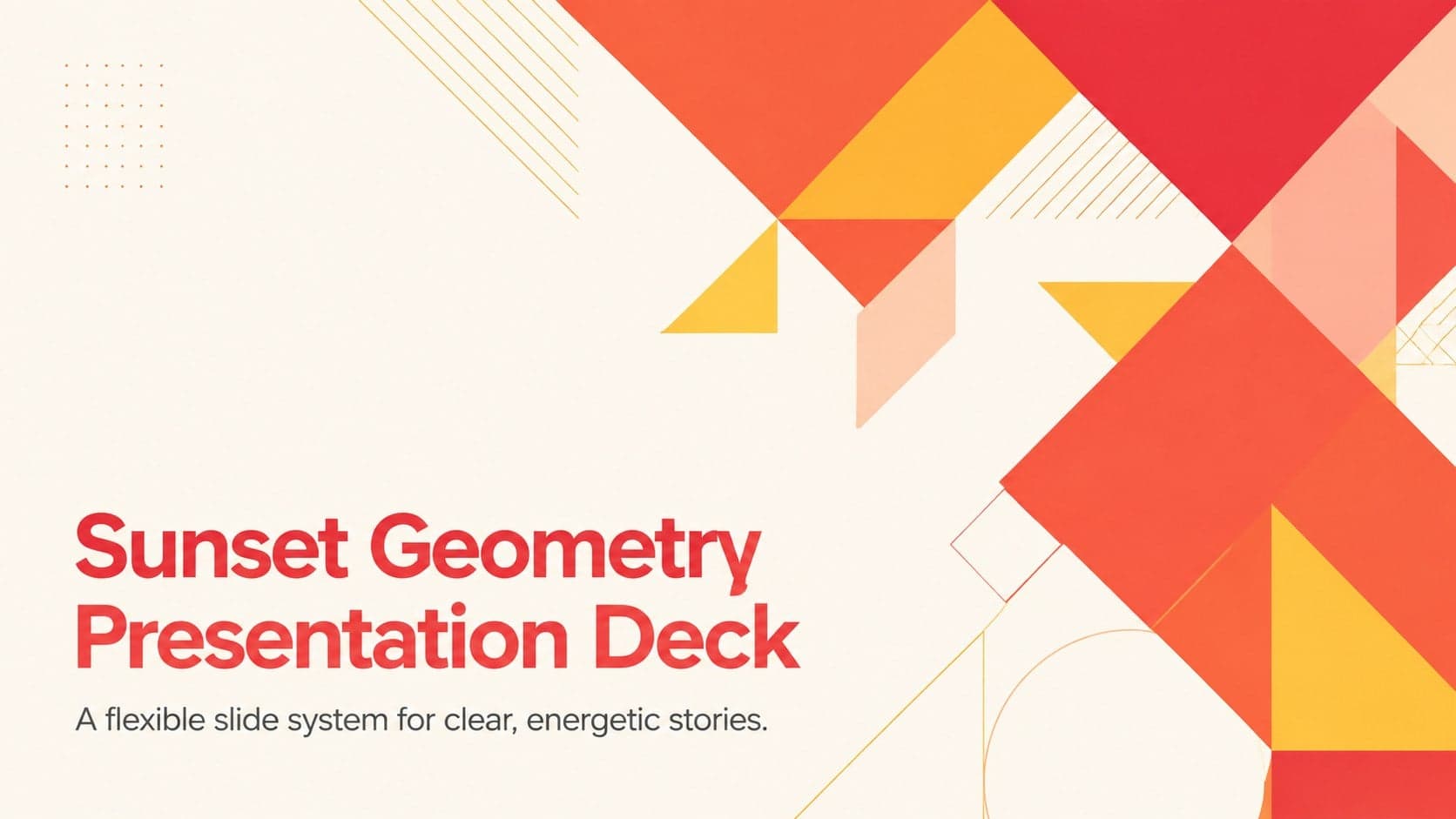 Cover of the Sunset Geometry Presentation Deck with layered red, orange, and yellow angular graphics.