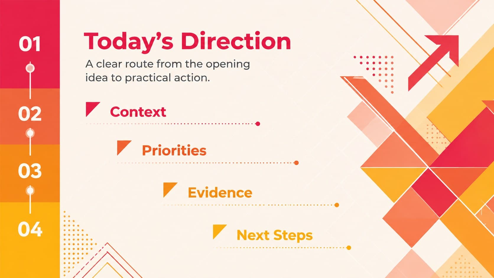 Agenda layout from a warm geometric PowerPoint template with four clearly numbered sections.