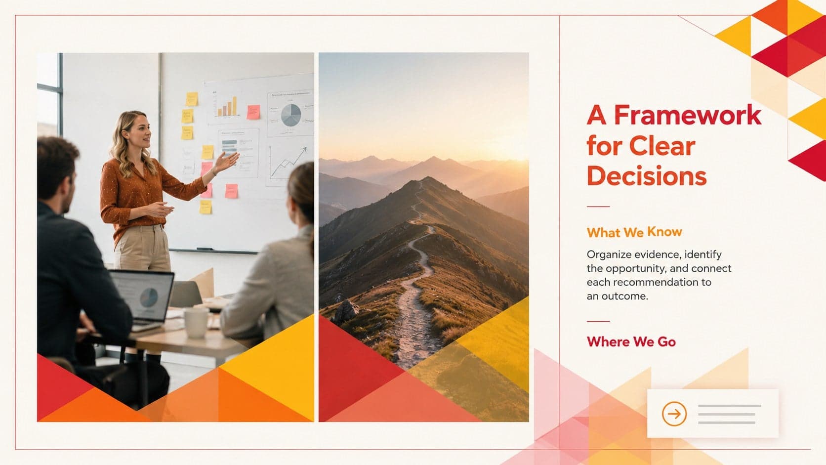 Two-column overview page from a multipurpose geometric slide deck with bold warm-color accents.