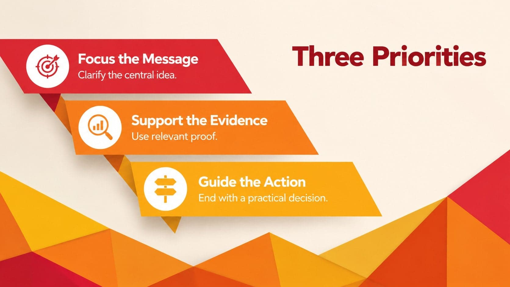 Three-priority business layout featuring editable abstract business slides in red, orange, and yellow.