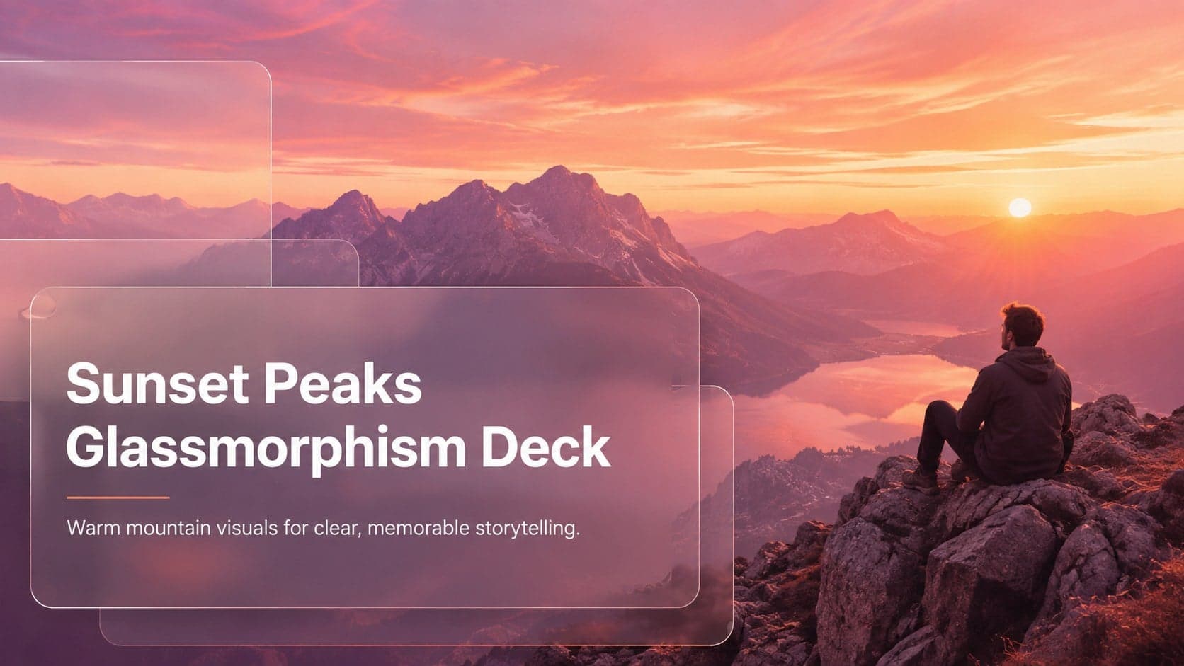 Cover of the Sunset Peaks Glassmorphism Deck with translucent typography panels over a warm pink and orange mountain landscape.