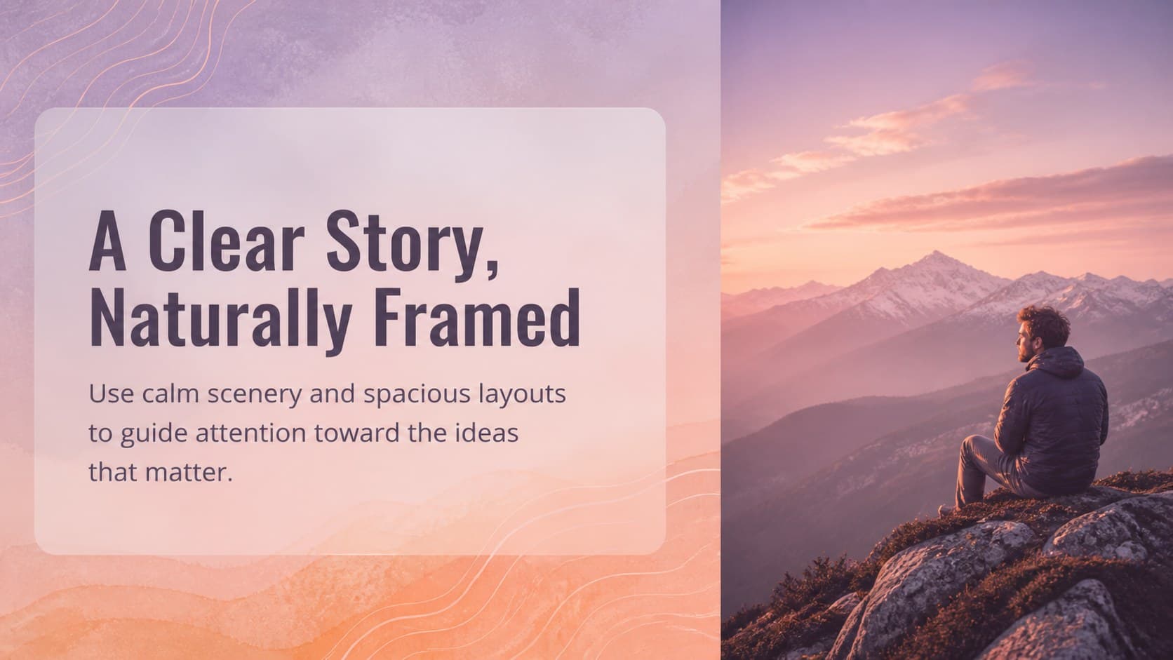 Minimal glassmorphism landscape slide introducing a clear story against glowing sunset peaks.
