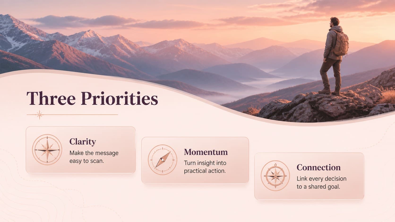 Modern outdoor presentation design showing three project priorities over a warm mountain panorama.