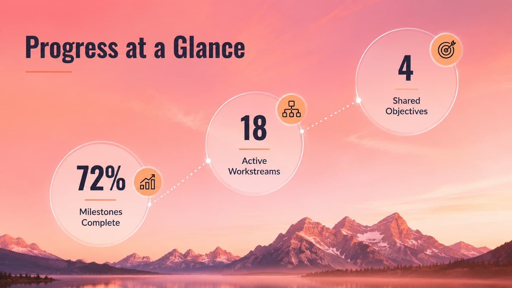 Editable landscape presentation deck slide with three statistics and a layered pink mountain backdrop.