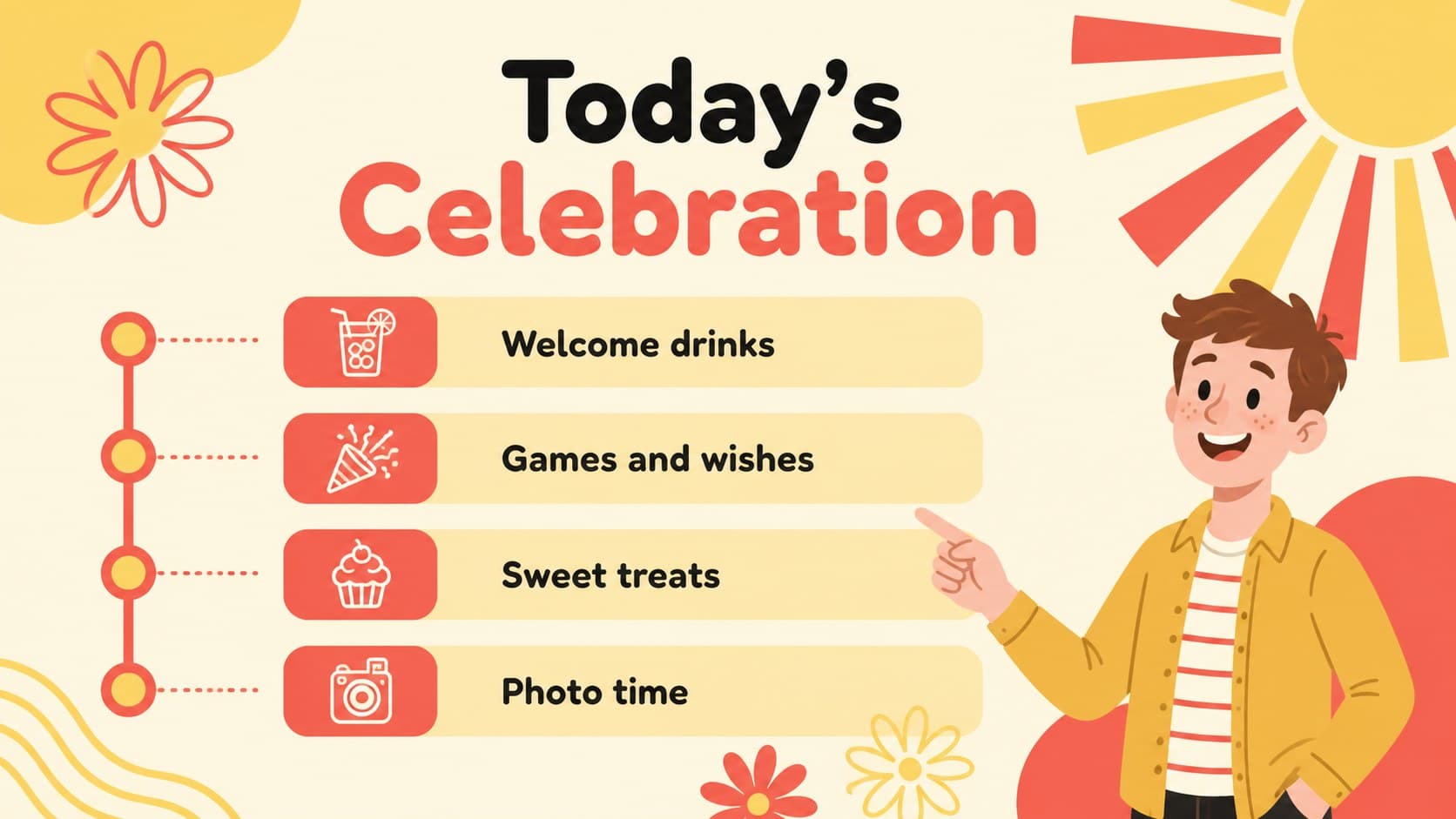 Baby shower agenda slide showing a simple celebration schedule with playful floral accents.