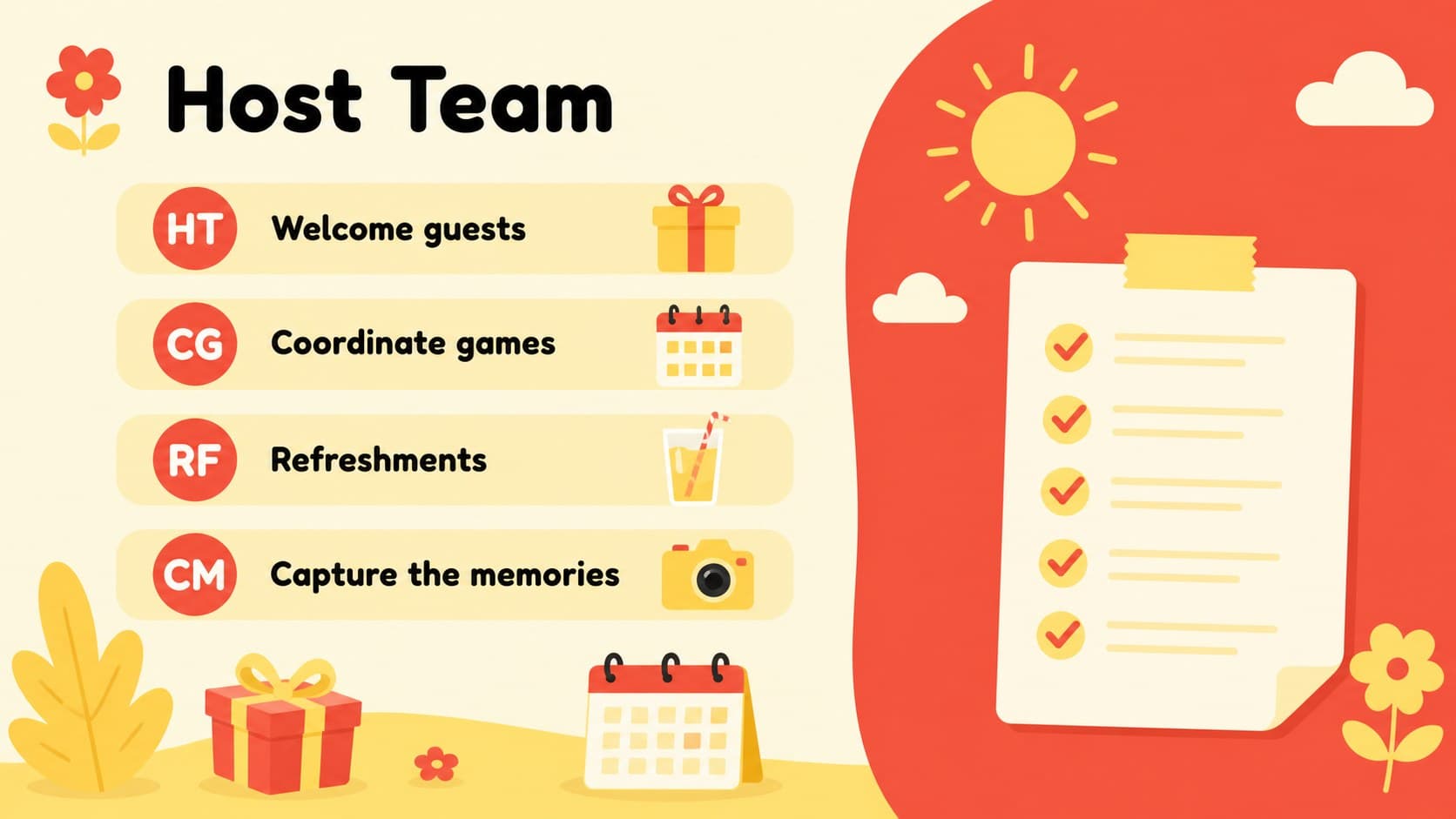 Host planning slide with editable baby shower organizer roles and bright hand-drawn florals.