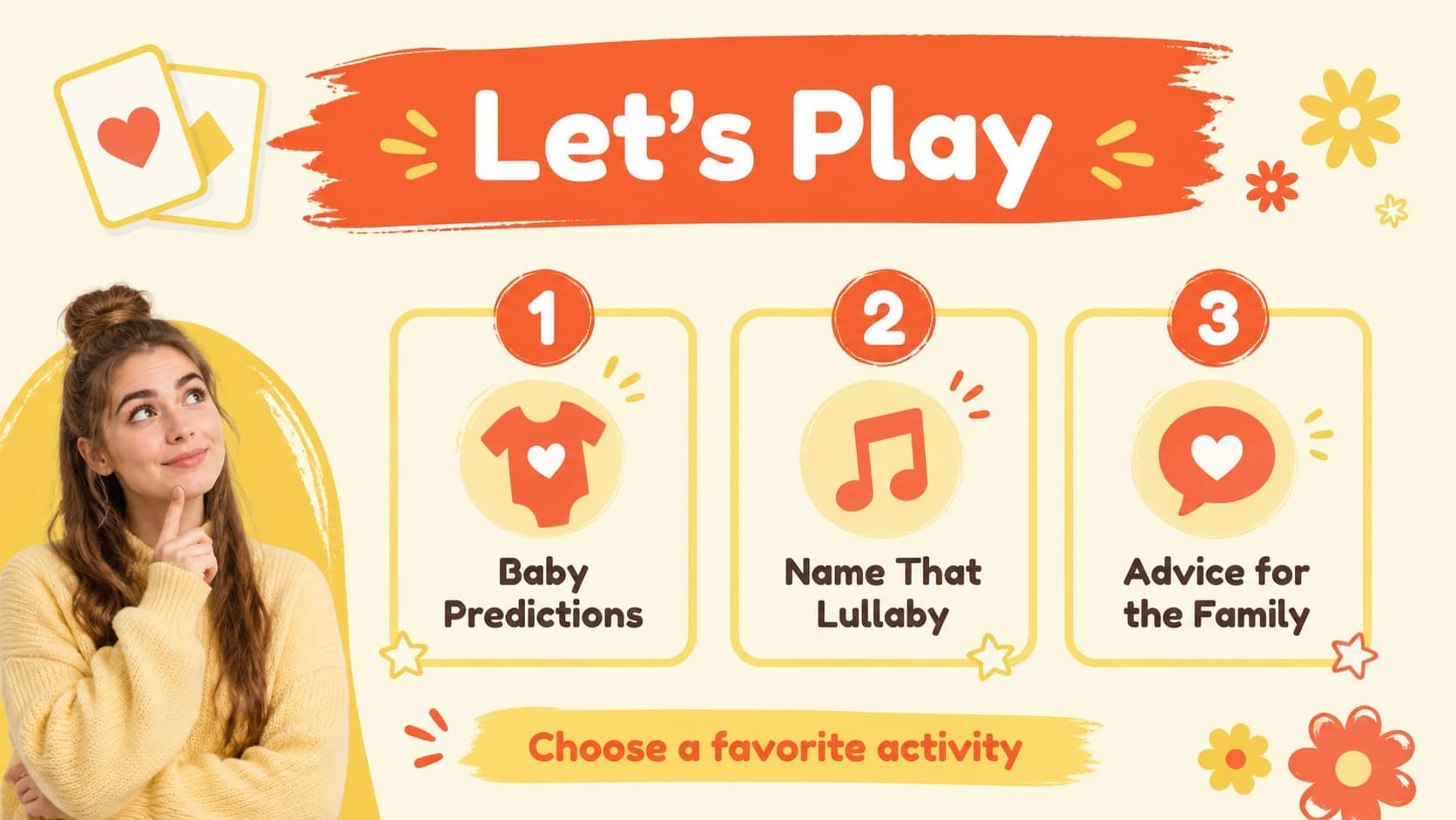 Baby shower games slide presenting playful activity ideas in a colorful illustrated layout.