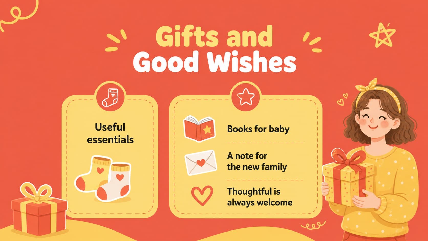 Gift guidance slide for a baby shower with editable notes and cheerful red floral details.