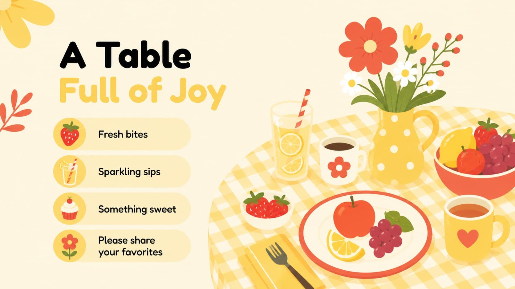 Food and drinks slide for a floral baby shower party with yellow-red menu sections.