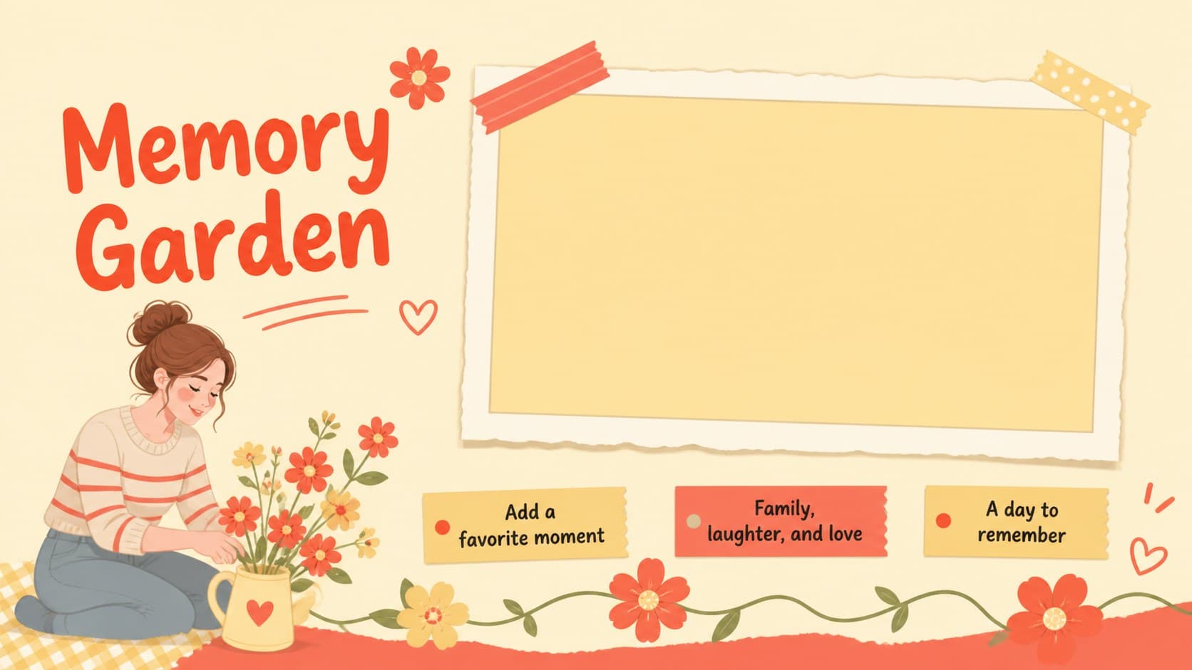 Photo memory slide inviting guests to add family pictures to a playful baby shower album.