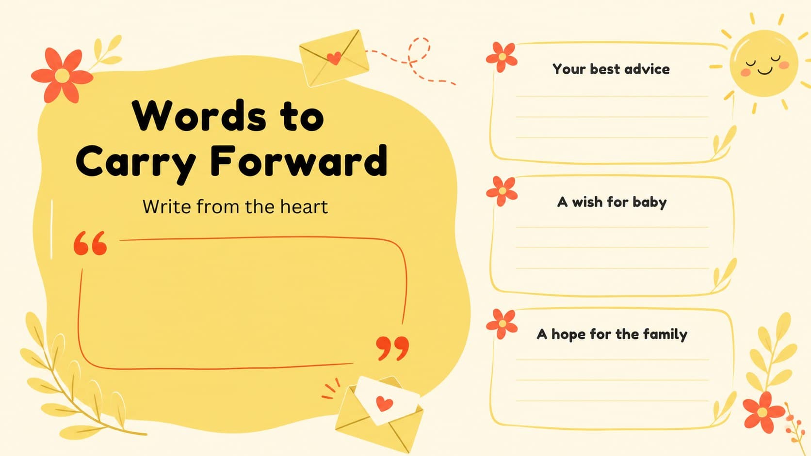 Advice slide collecting loving messages for parents-to-be in an illustrated yellow and red design.