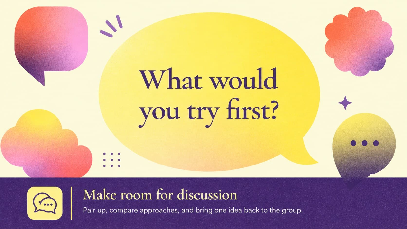 Interactive teaching slide featuring a discussion prompt, colorful shapes, and learner participation cues.