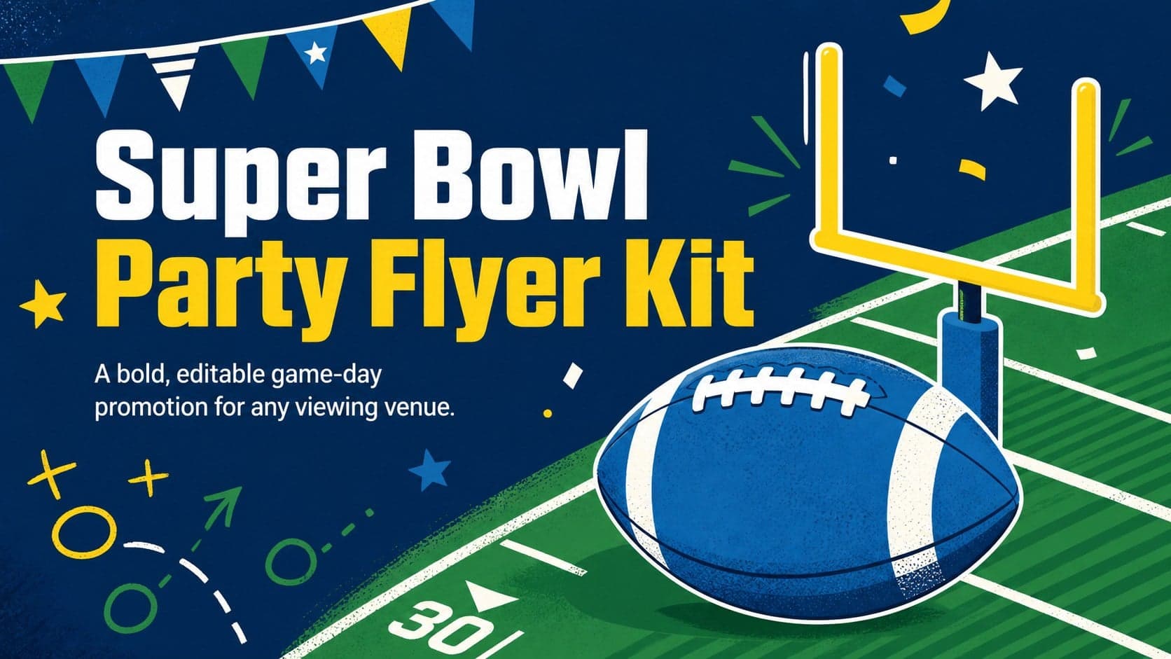 Bold Super Bowl party flyer kit cover with colorful football graphics and a prominent game-day headline.