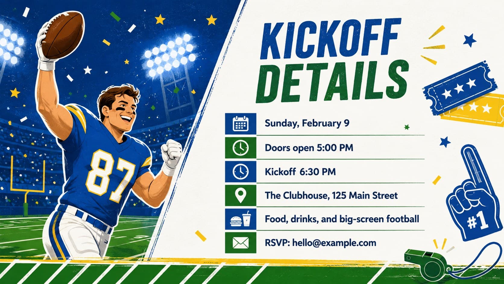 Football championship viewing party poster layout featuring editable date, time, venue, and RSVP details.