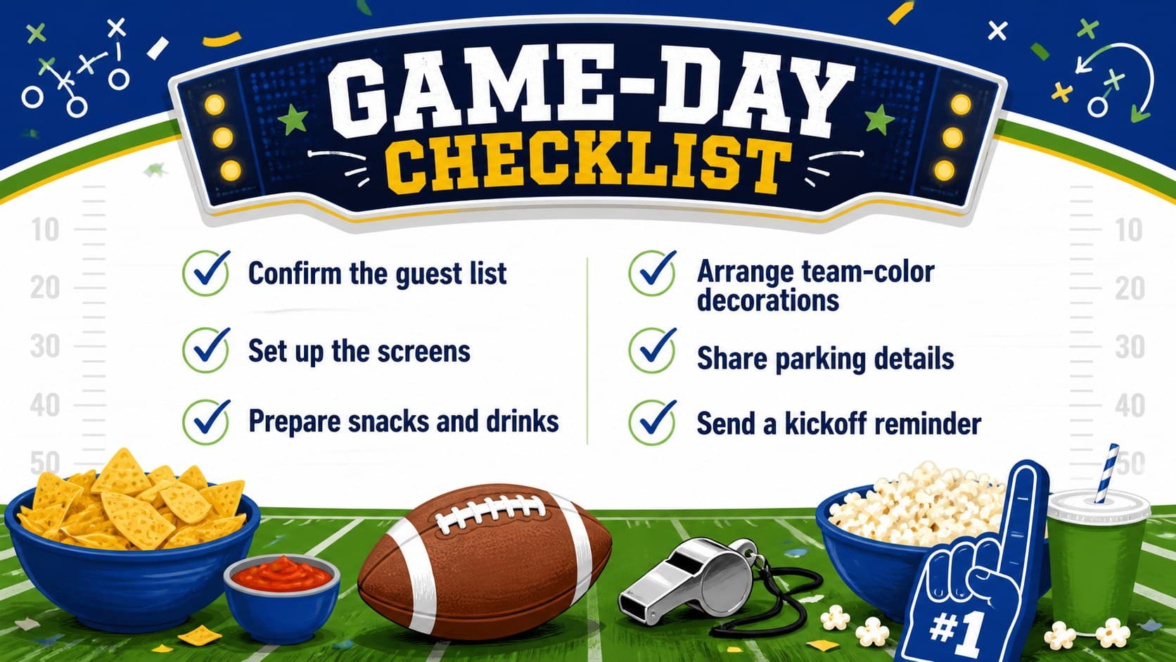 Illustrated game-day hosting checklist slide in a coordinated blue, green, yellow, and white football theme.