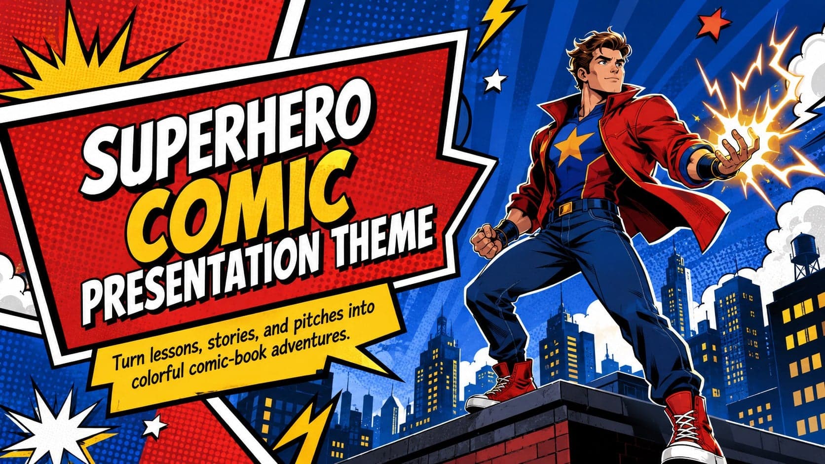Cover of the Superhero Comic Presentation Theme with an original masked hero, halftone textures, and vivid primary colors.