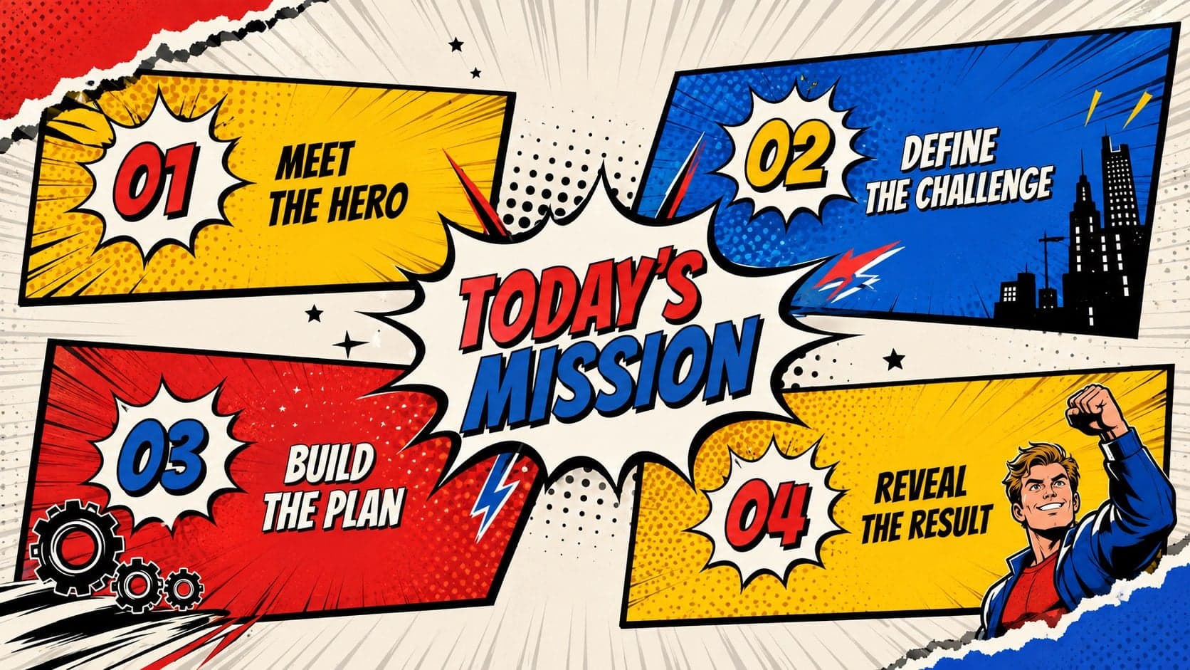 Comic book agenda slide presenting four chapters in an action comic storytelling deck.