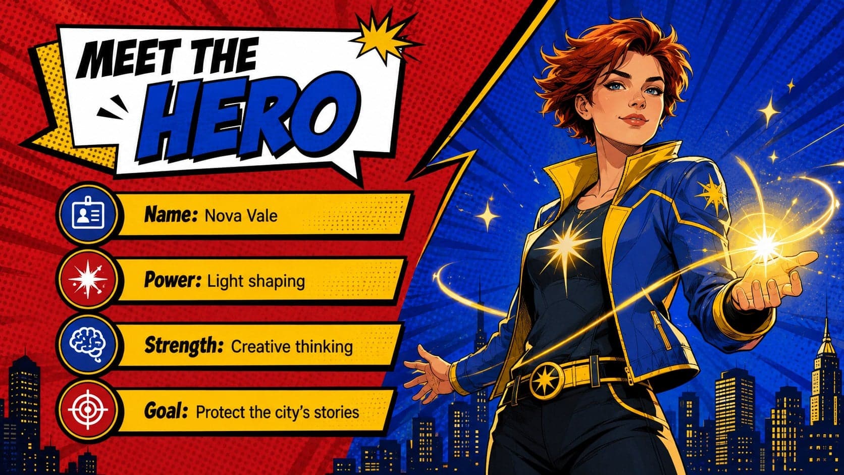Original superhero profile layout with editable facts for a colorful superhero lesson presentation.