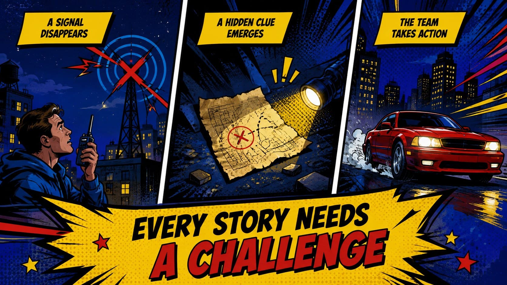 Three-panel comic story layout showing the challenge, discovery, and action stages.