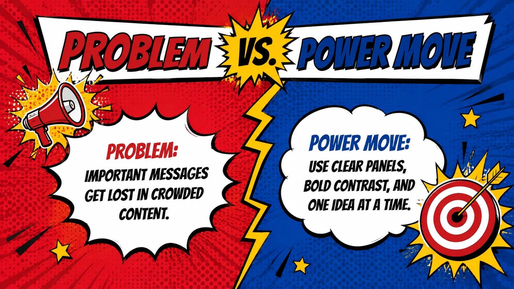 Comic panel pitch presentation slide comparing a central problem with its creative solution.