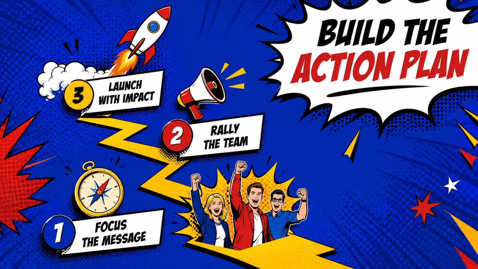 Action-plan slide with three comic book steps for organizing a superhero project.