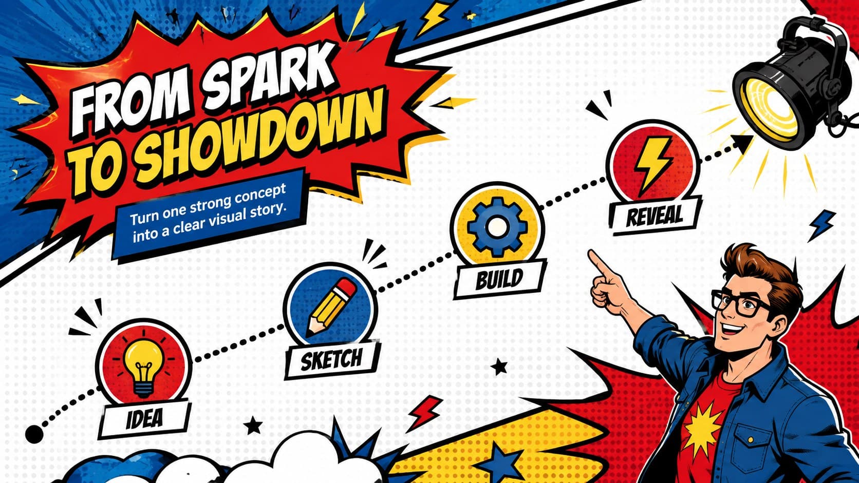 Editable comic book presentation timeline tracing a project from spark to final reveal.