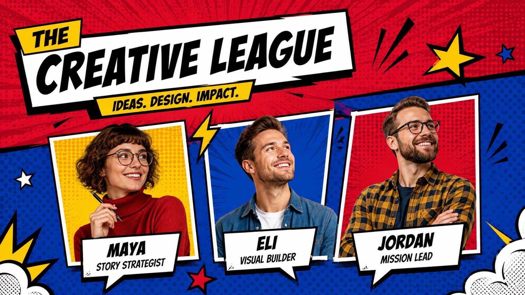 Team introduction page with three original heroes in a colorful comic book slide layout.