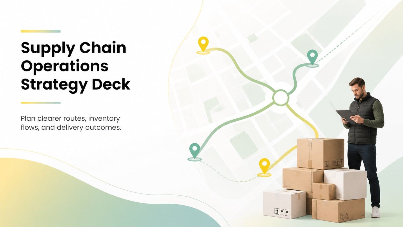 Cover slide for a supply chain operations strategy deck with green and yellow gradient accents and a clean logistics visual.