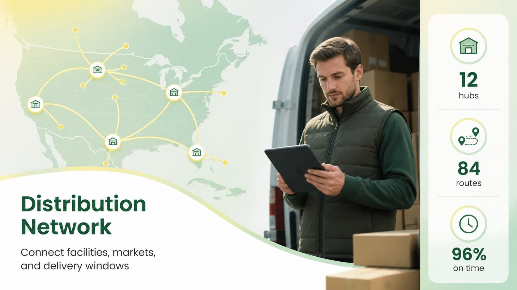 Distribution network slide with route nodes and regional movement indicators for logistics planning.