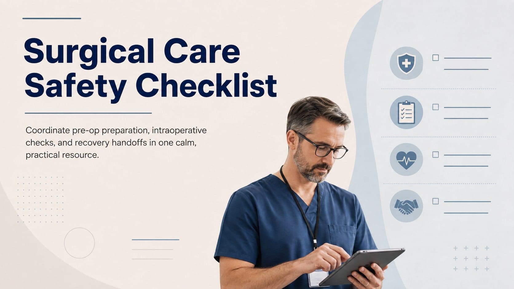 Beige and blue cover for a surgical care safety checklist with clean clinical typography and abstract operating room symbols.