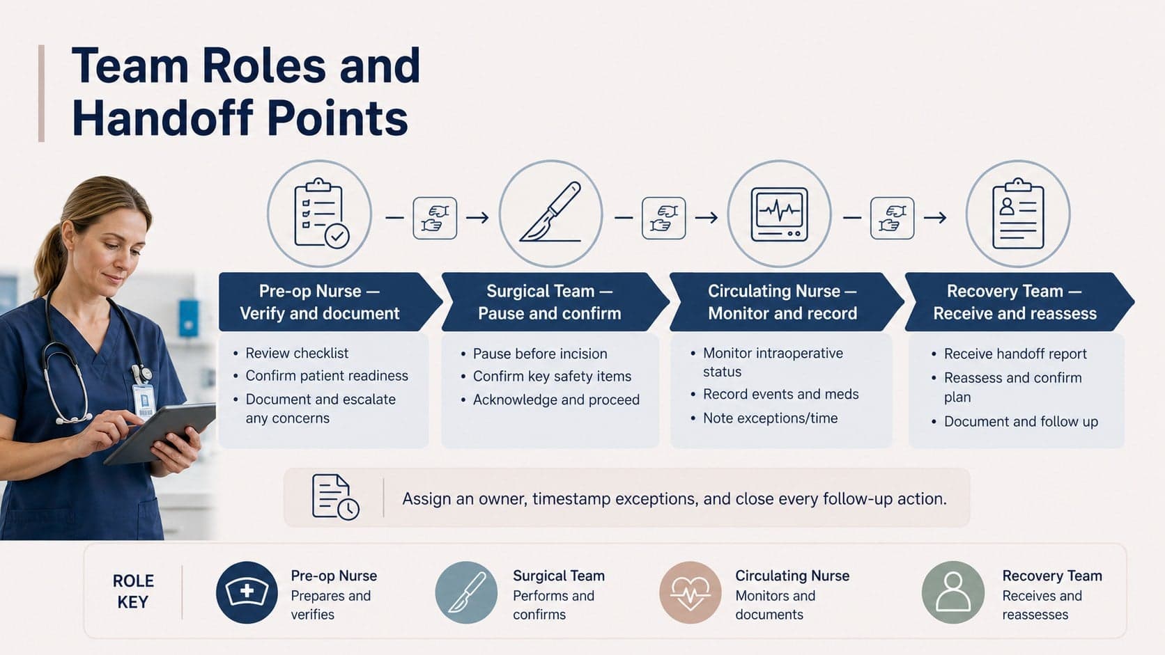 Operating room nursing workflow slide showing role assignments and surgical team handoff checkpoints.