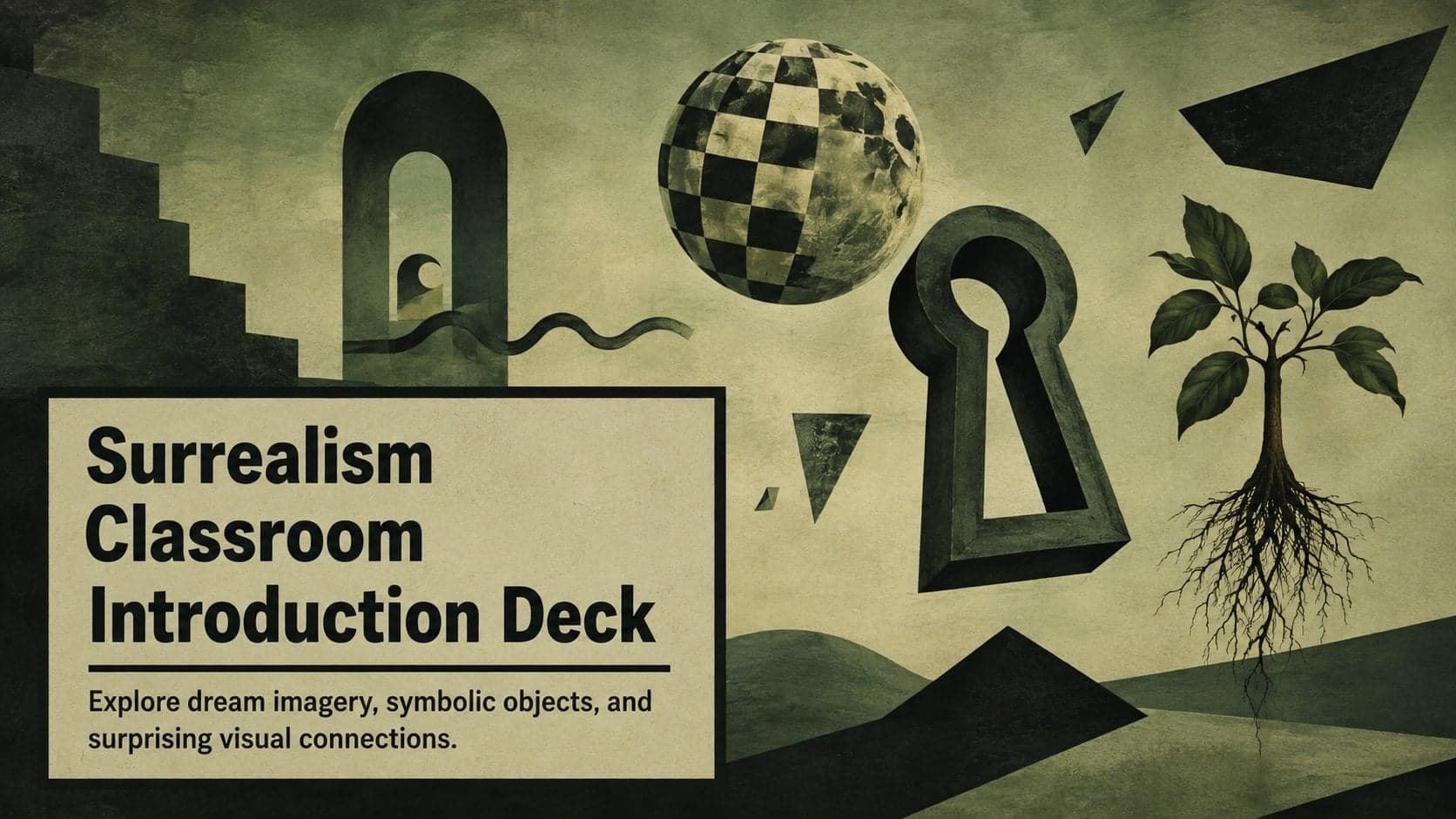 Cover of a Surrealism Classroom Introduction Deck with green-and-black abstract dream imagery and bold editorial typography.
