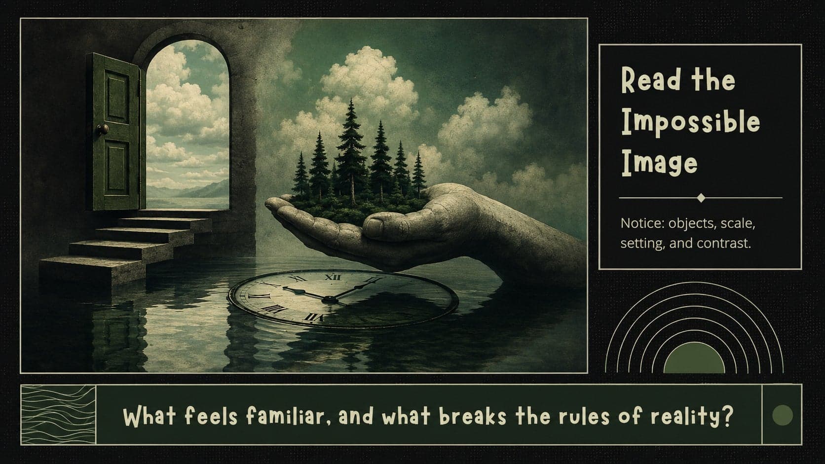 Surrealist artist analysis presentation slide with an imaginary artwork and classroom observation prompts.