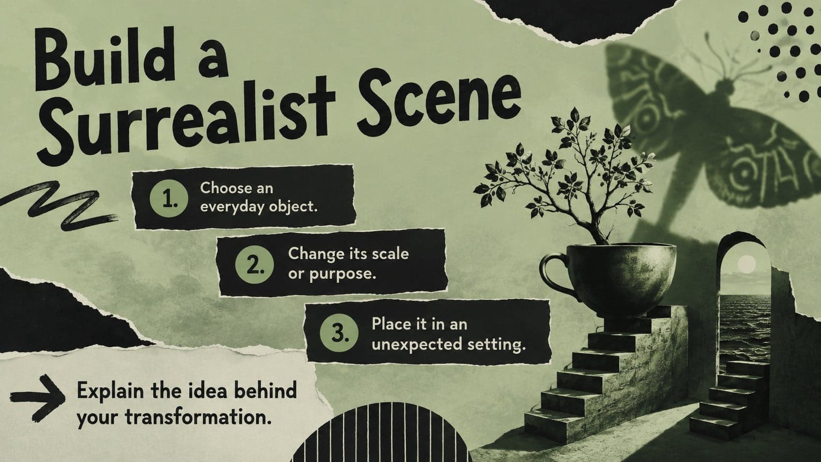 Surrealism classroom activity slide guiding students to create an original dream-inspired composition.